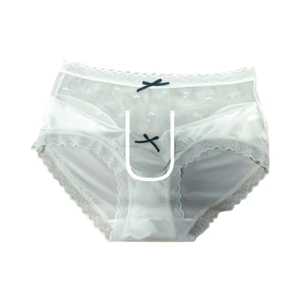 Men Satin Lace Brief Underwear Sweet Bow Decoration Sheer Mesh Waistband Scalloped Lace Trim Soft Smooth Fabric Sexy Male Briefs