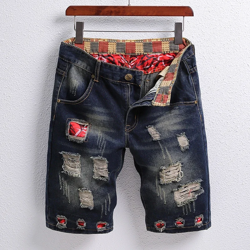 2024 Summer Jeans Men\'s Flip Denim Shorts New Worn Hole Patch Vintage Young Design Fashion Ruined Plus Size Summer Pants