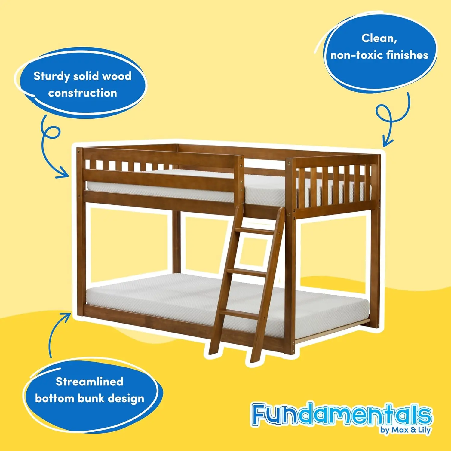 Twin Low Bunk Bed, Kids Solid Wood Modern Bed Frame with Strong Wooden Slats, Non-Toxic Finishes, High Weight Capacity, Pecan