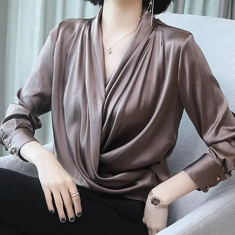 Blouse Women Shirt Silk Top Women\'s Spring Loose Cross V-neck Long Sleeve Shirt Blusas Mujer De Moda