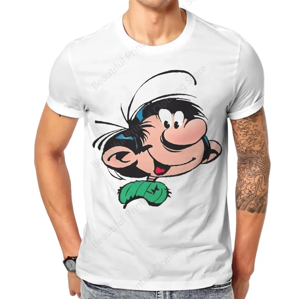 Mens T-Shirt Gaston lagaffe Funny Printing T-ShirtsO-Neck Breathable Tee Cotton Fun Tees