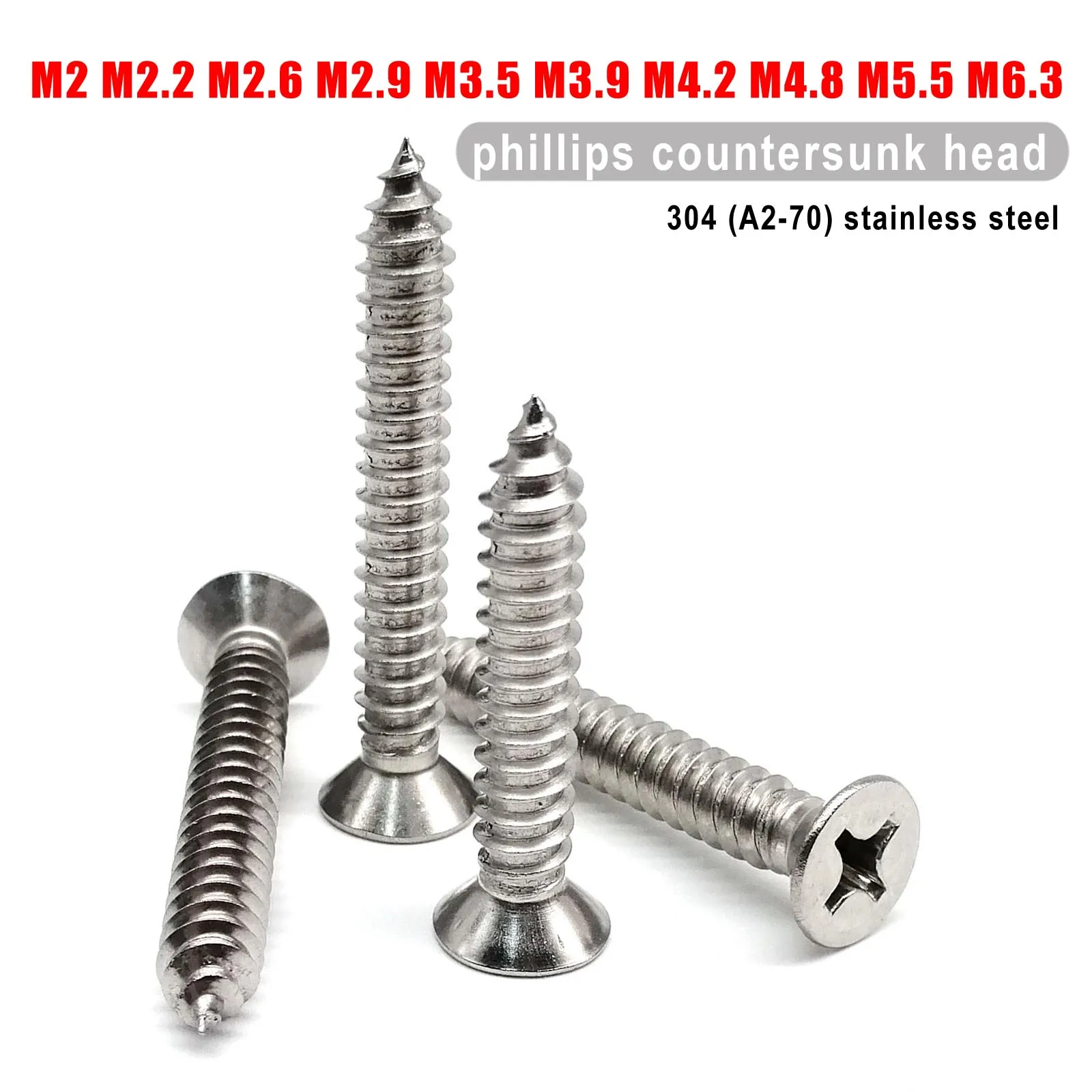 10/50pc M2 M2.2 M2.6 M2.9 M3.5 M3.9 M4.8 M5.5 M6.3 Phillips Piatto Testa Svasata Vite Autofilettante per Legno 304 A2 In Acciaio Inox