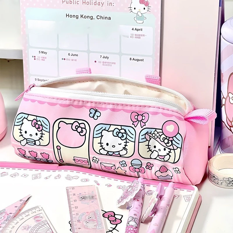 New Sanrio Hello Kitty Pencil Pouch Large Capacity Pen Case Pink Kt Cat Cosmetic Bag Girls Student Supplies Stationery Gifts