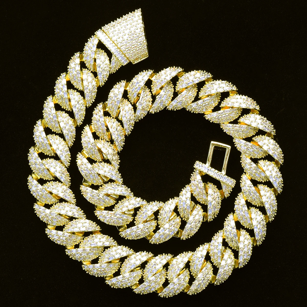 Aokaishen Baguette Cuban Link Chain for Men Necklace Choker  5A Cubic Zirconia Real Gold Plated Hip Hop Jewelry