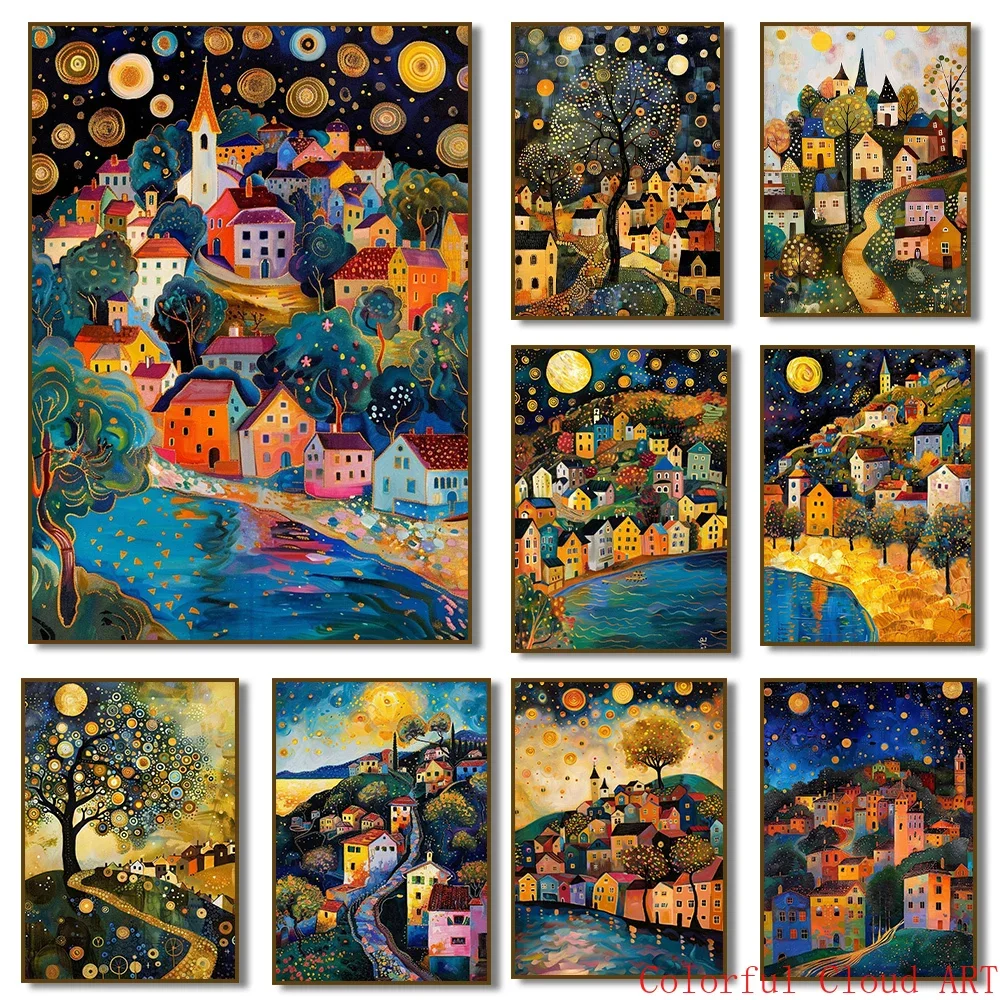Gustav Klimt Exhibition Poster Canvas Painting Moon Stars River Tree Village Night House Poster Print for Living Room Home De