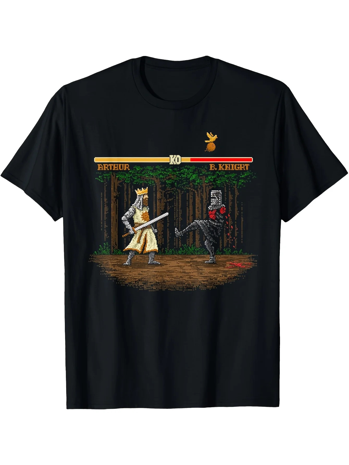 Мужская футболка с рисунком «Tis But a Scratch» Knight vs Dragon — черная футболка с круглым вырезом в богемном стиле и средневековым фэнтезийным искусством,