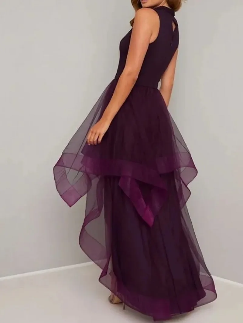 Grape High Low Prom Evening Dress 2025 Jewel Neck Sleeveless Ruffles Asymmetrical Tulle Party Formal Dresses Cocktail Birthday