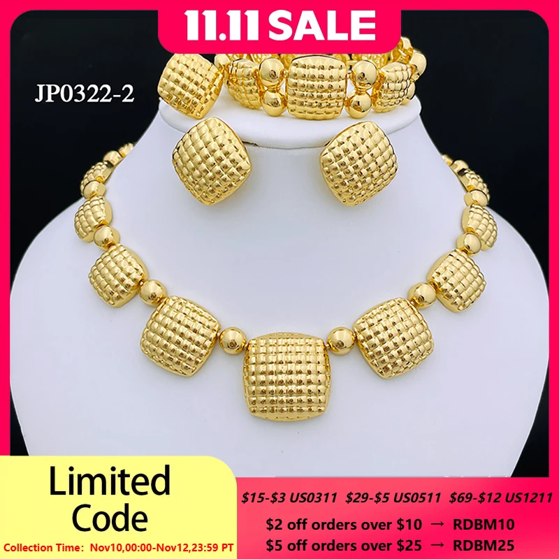 

Gold Plated Jewelry Set Classic Design Round Beads Women Necklace Earring Bracelet And Ring Party Jewelry