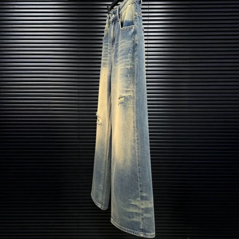 Wide Leg Washed Finish Jeans High Waist Streetwear with Faded Distressed Ripped Button Closure No Stretch Autumn Women Jeans