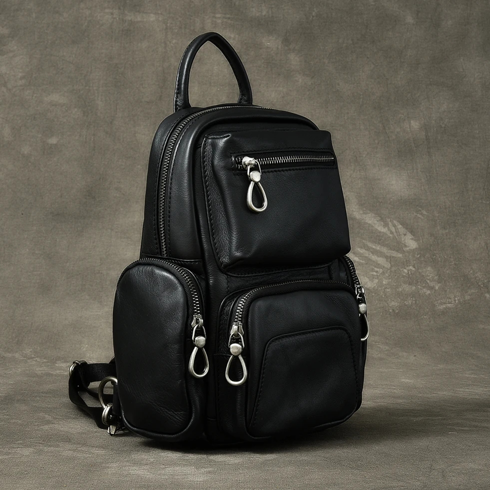 

Fashion travel luxury genuine leather men's black multifunctional chest bag weekend party cow leather women black small backpack