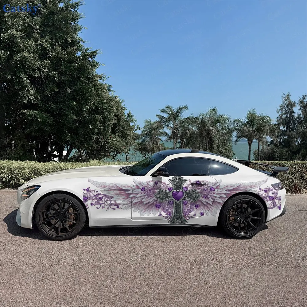 2pcs Amethyst Heart Cross Feather Car Side Wraps, Self-Adhesive PVC Waterproof & Scratch-Resistant Stickers, Car Accessory Gift