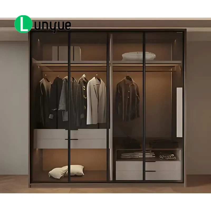 Custom Gray 4 Door Glass Wardrobe Modern Simple Embedded Bedroom Clothing Storage System Furniture