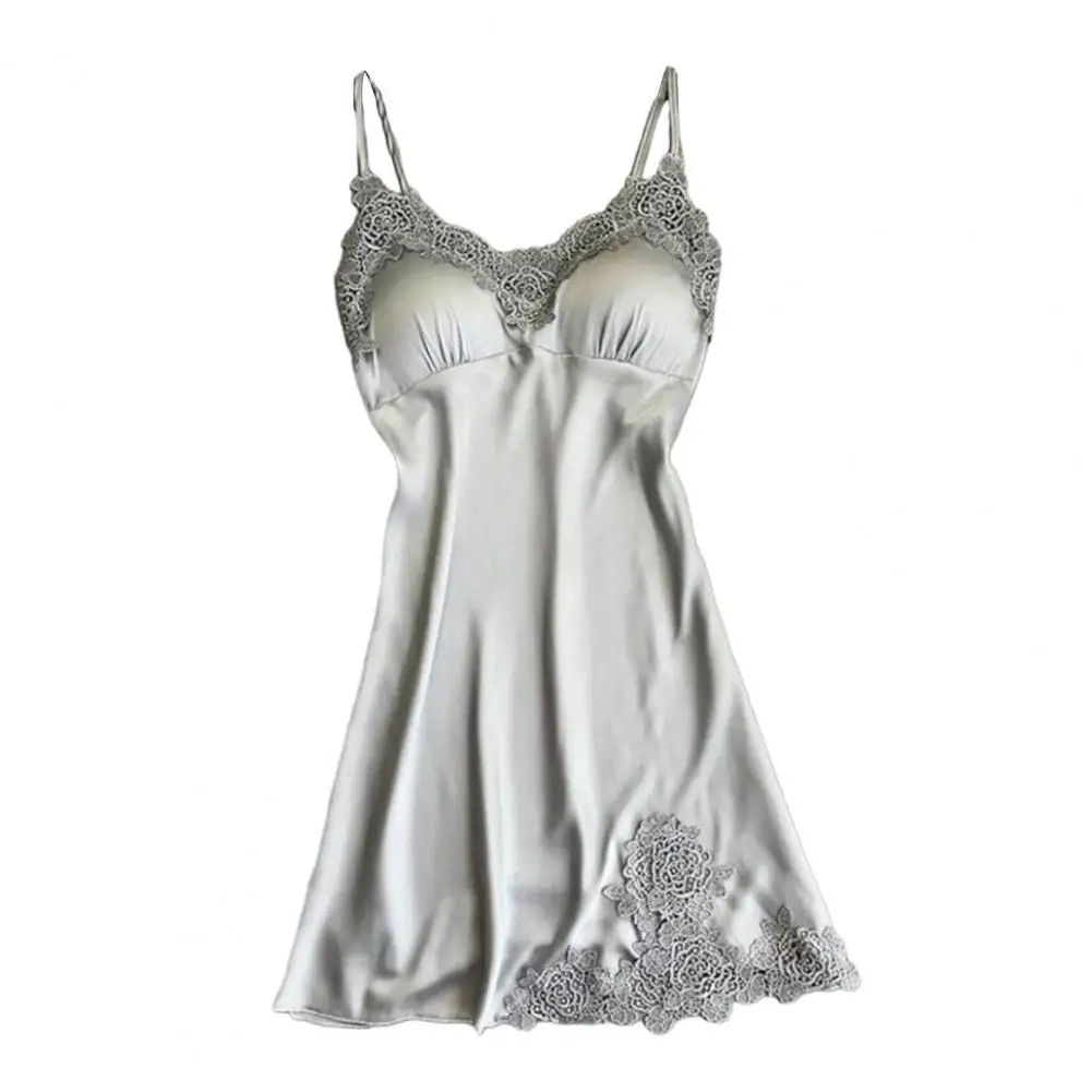 Chemise de nuit en dentelle épissée pour femme, chemise de nuit patchwork avec col en V, conception dos nu, satin doux, élégante