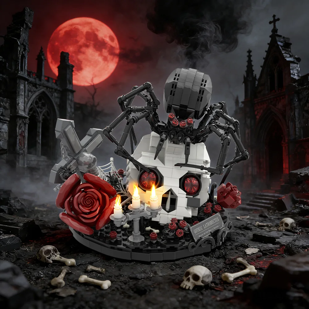 

Готический конструктор «Паук-тарантул с цветущей розой и черепом»: модель насекомого из кирпичиков, игрушка, подарок для взрослых