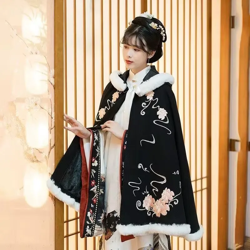 Women's Hooded Cloak Chinese Short Cape With Furry Collar Hat