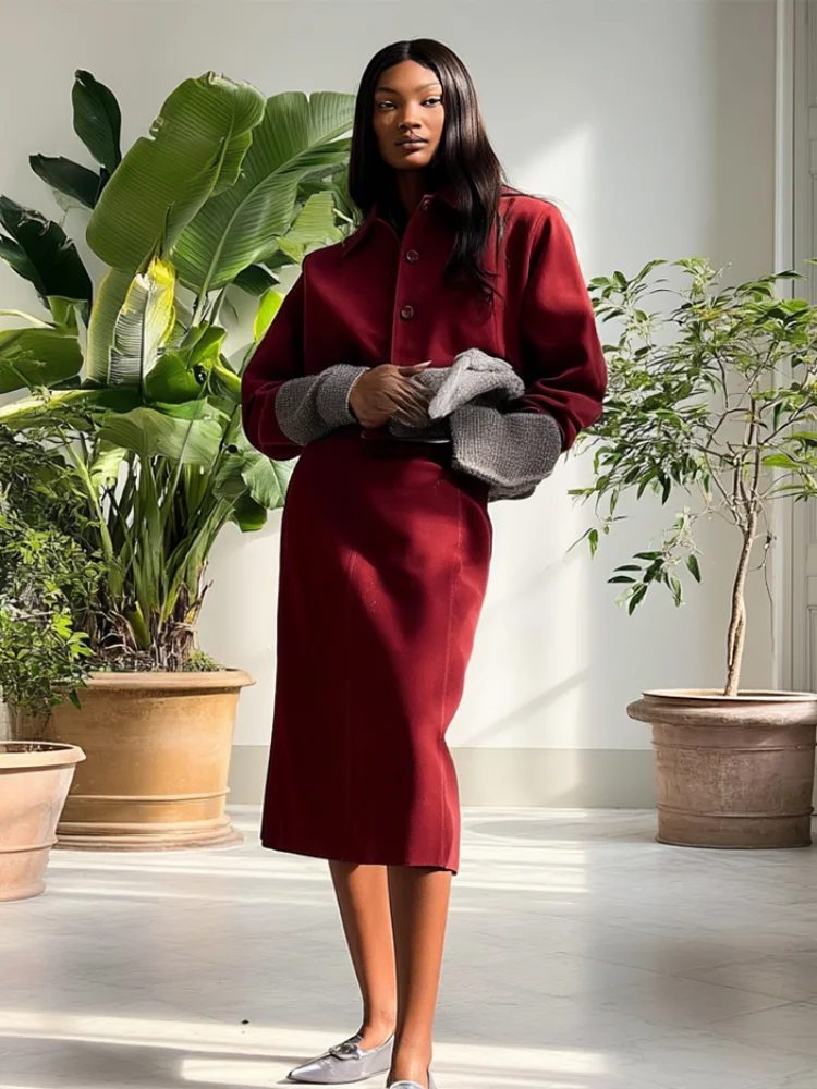 

Red Women Single Breasted Lapel Skirts Set Chic Full Sleeve Round Neck Slim Slit Long Skirt Sets 2025 Lady Daily Street Outfits