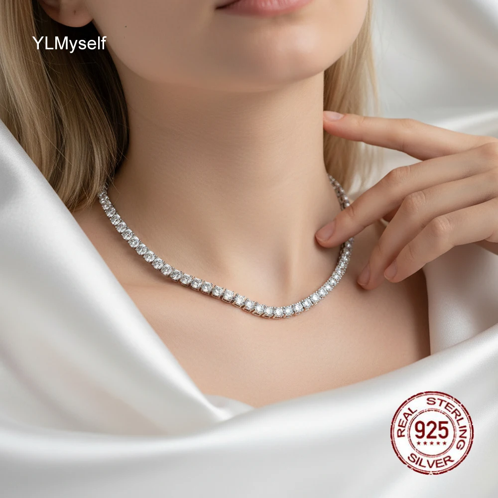 100% Guarantee Real 925 Sterling Silver 41/45/51/56/61CM Tennis Necklace 3/4mm Zircon Chain Unisex Choker Fine Jewelry