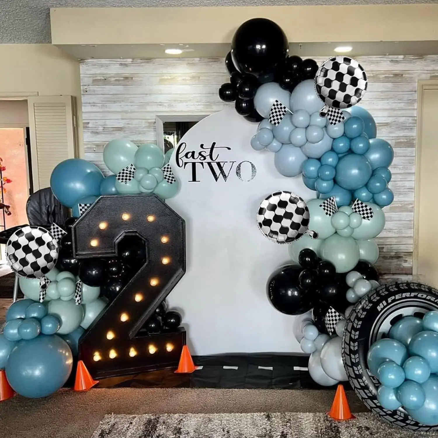 Race Car Balloon Arch Kit Checkered Blue Black Sliver Balloons Garland for Racing Car Two Fast 2nd Birthday Party Decorations view 5