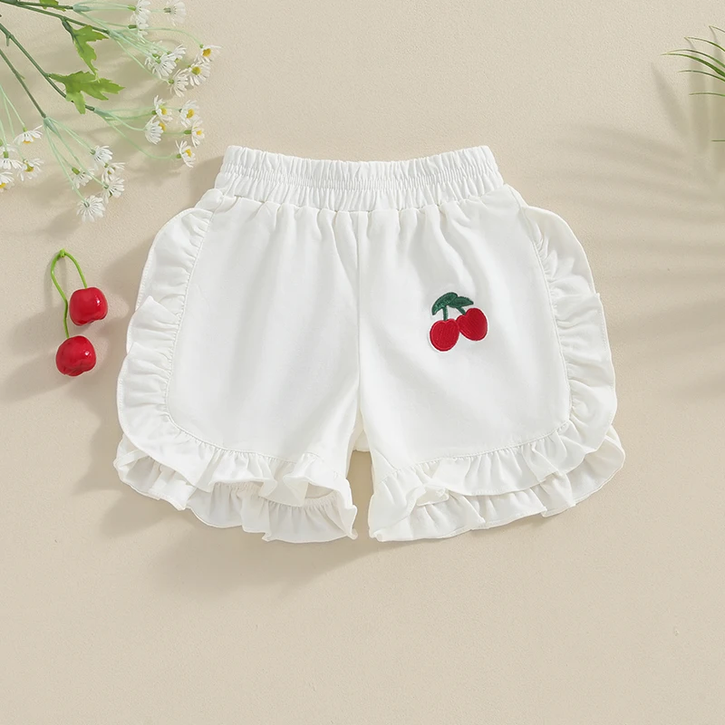 Toddler Baby Girl Ruffled Shorts Cute Cherry Embroidery Elastic Waist Short Pants Kids Summer Bottoms Clothes