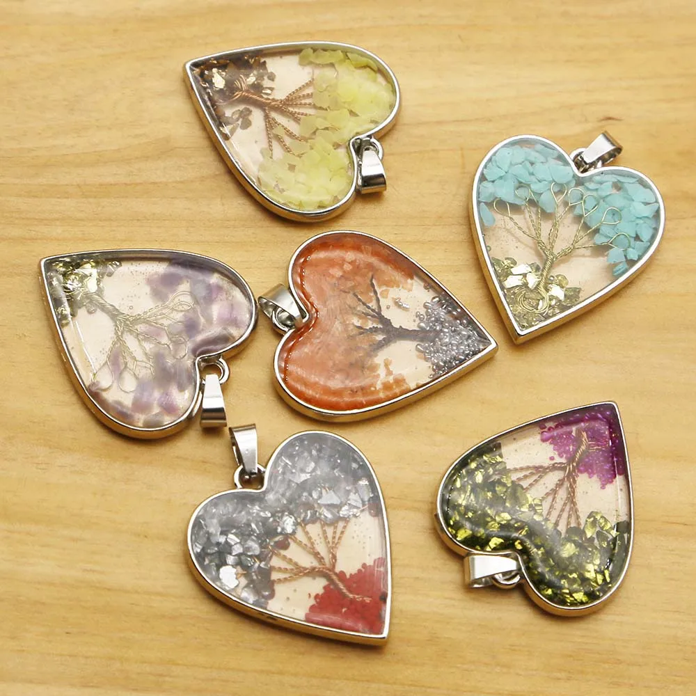 Natural Stone Resin Heart Fortune Life Tree Necklace Pendant Mineral Healing Reiki Charm Jewelry Accessories Gift Wholesale 8Pcs