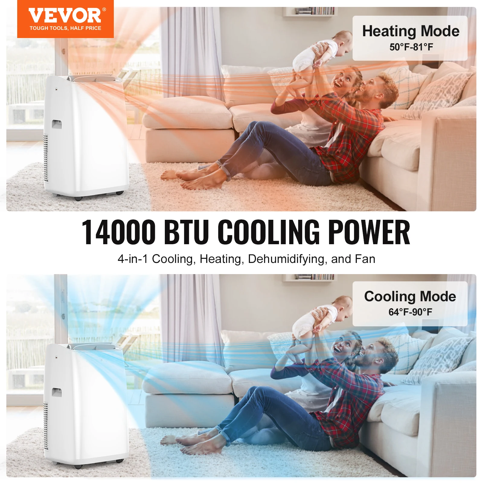 VEVOR AC portabel, Unit portabel 4-in-1 dengan Remote Control, untuk 550-700 Sq.Ft, Mode pemanas/AC/Dehumidifier/kipas