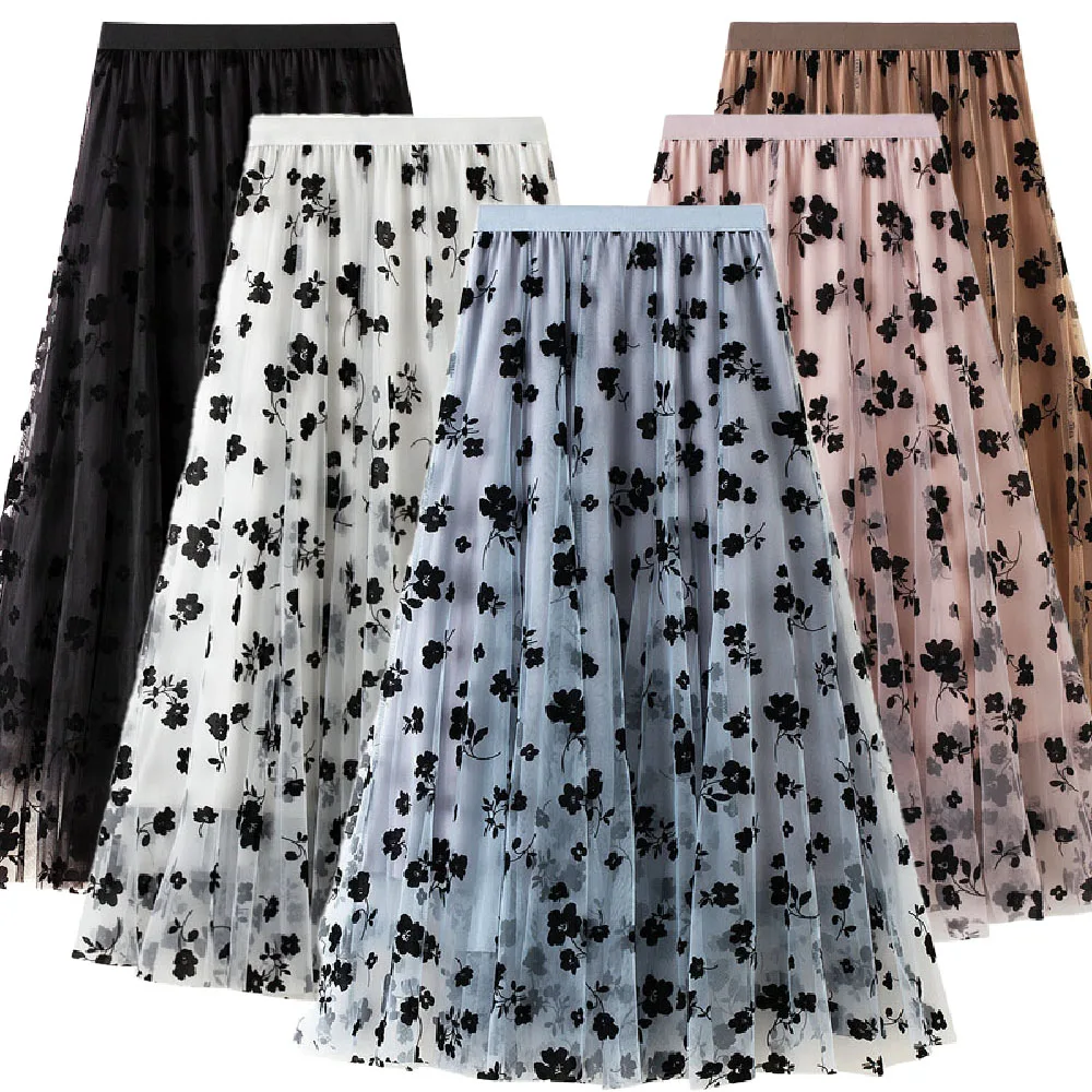 32inch long Women skirt Floral gauze flocking pleated Mesh skirt spring autumn A-line high waist Lovely fairy skirt