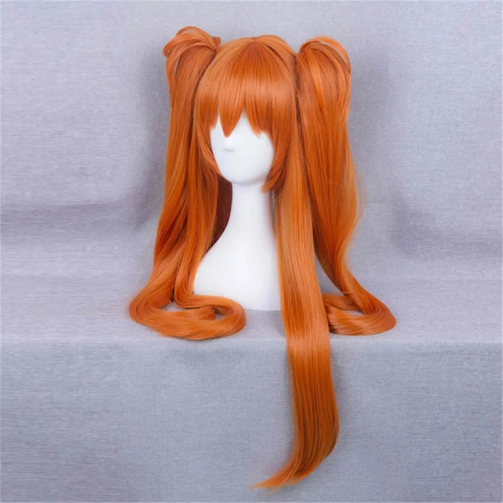 애니메이션 롱 오렌지 코스프레 가발 클립 온 더블 포니테일, 여자 파티 합성 가발