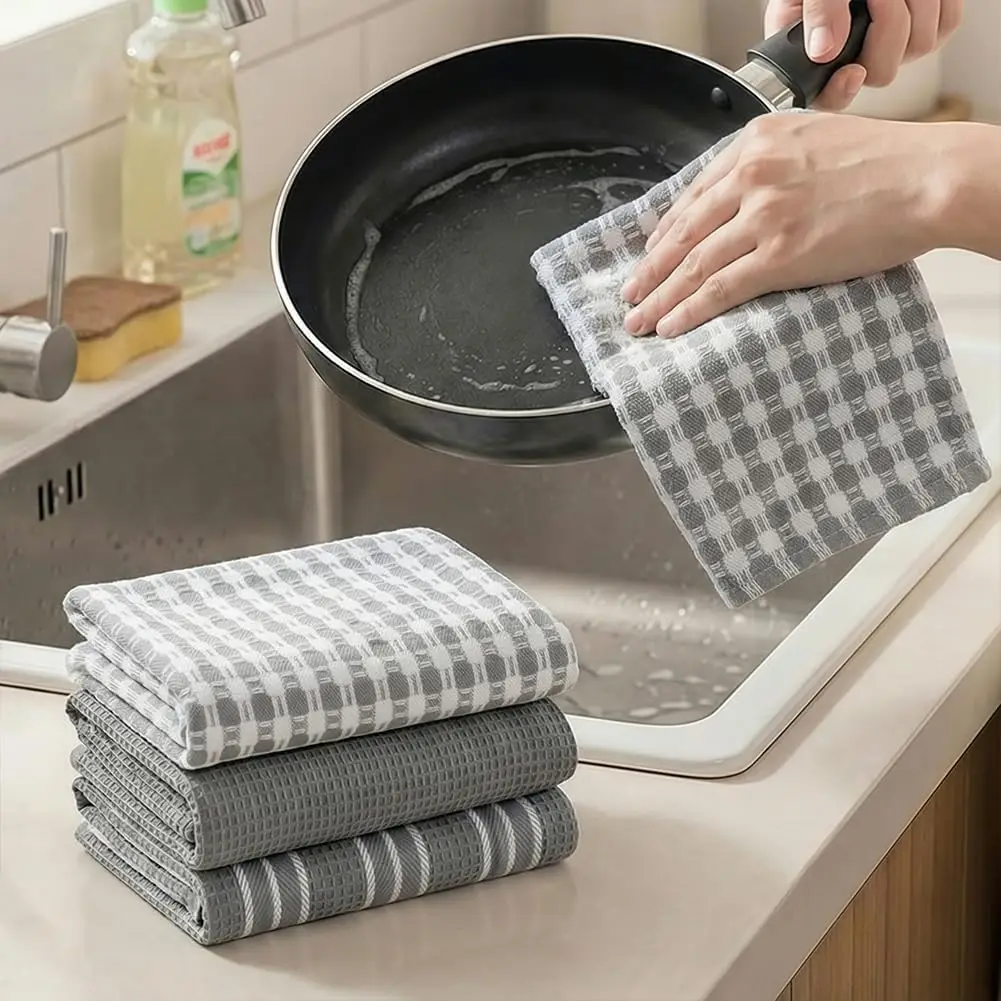 Premium Cotton Waffle Kitchen Towel Set of 3 Quick Dry Lint Free Dish Rags Cleaning Cloths for Home Kitchen Bar 45x65cm