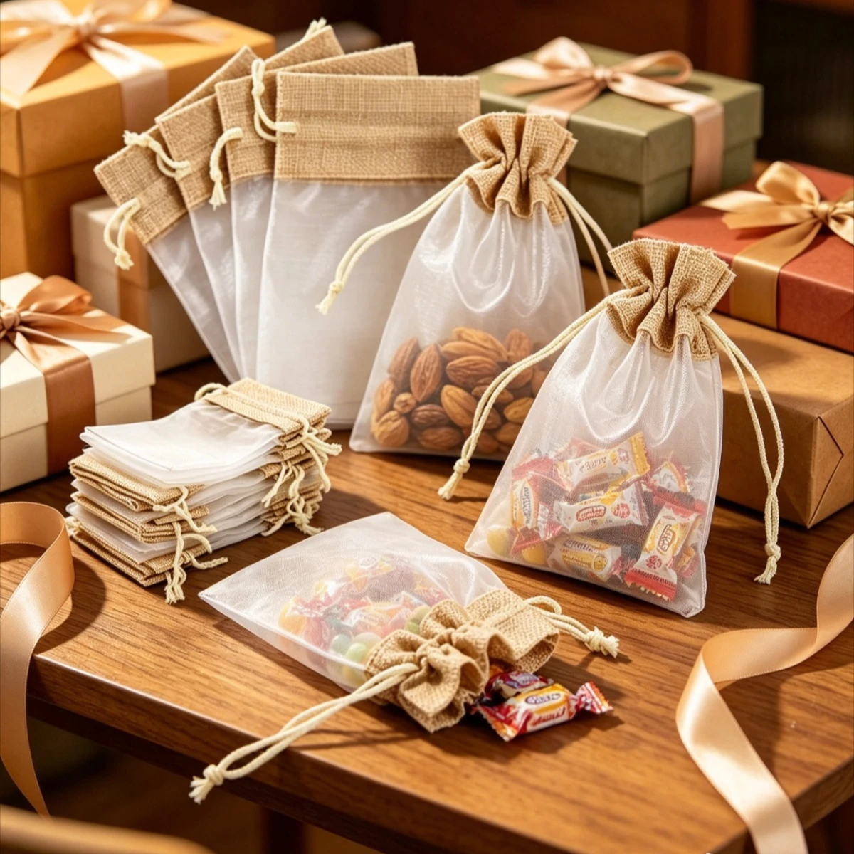 10 Stück gespleißte Organza-Jute-Beutel mit Kordelzug, transparente Mini-Geschenkbeutel für Weihnachten, Hochzeit, Party, Gastgeschenke, Aufbewahrung zu Hause – Detail 1