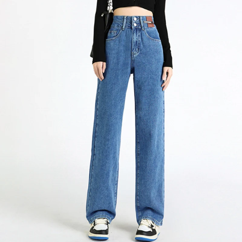 

Лидер продаж, классические модные джинсы с высокой талией для девочек, женские корейские мешковатые однотонные брюки, женские прямые повседневные джинсовые брюки