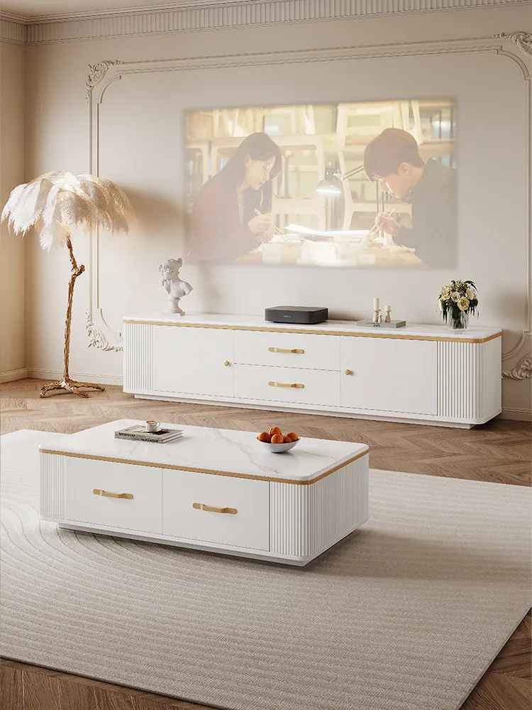 YFY pure solid wood floor-to-ceiling TV cabinet coffee table French cream style modern light luxury simple home living room
