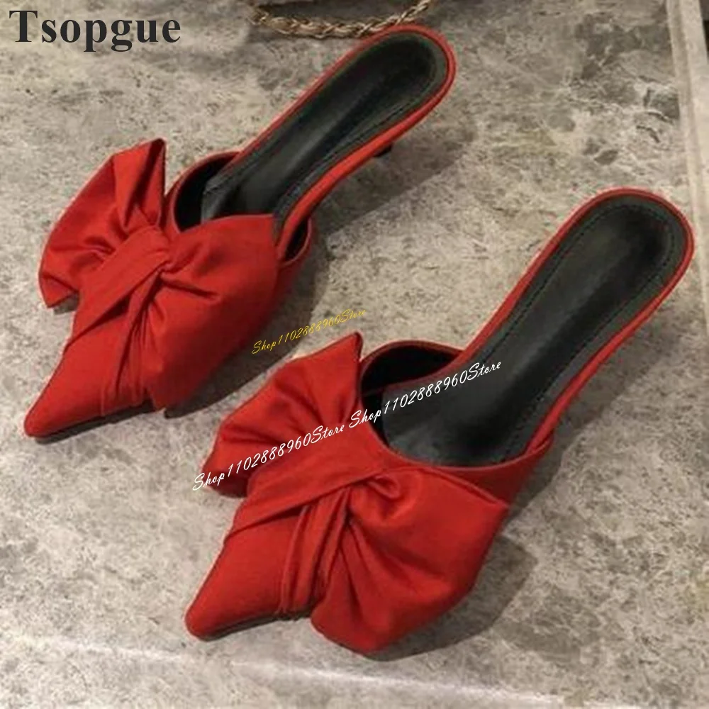 Stylish Black Dot Bowknot Decor Casual Slippers Thin High Heel Women Shoes Slip On Pointed Toe 2024 Fashion Zapatos Para Mujere