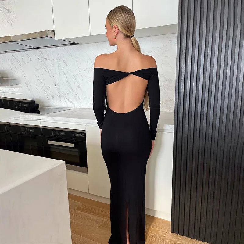 Elegante abito lungo a maniche lunghe senza schienale nero Sexy con spalle scoperte aderente Twist Split Cutout Party Club autunno abiti da donna