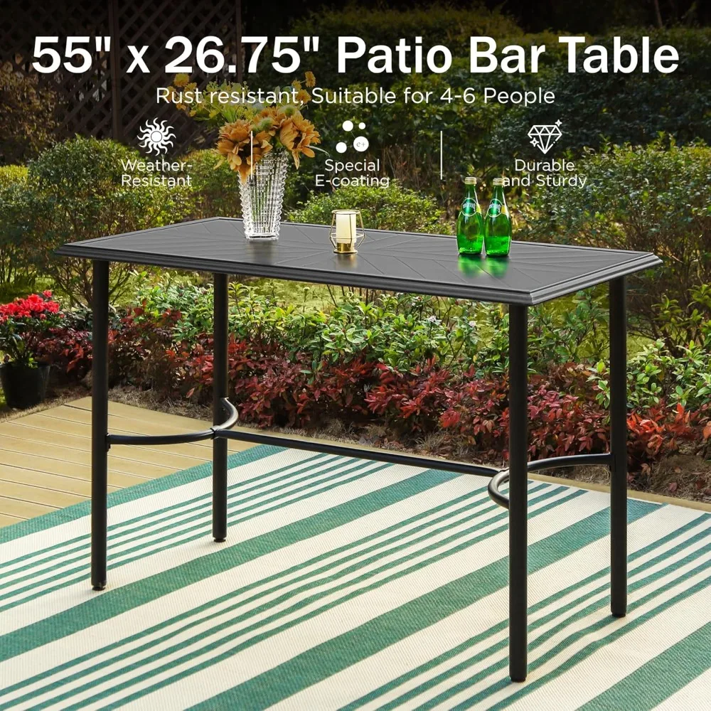 Outdoor Patio Bar Table for 4-6, Counter Height Rectangle Bar Table with All Weather Metal Steel Frame Black for Outside, Yard,