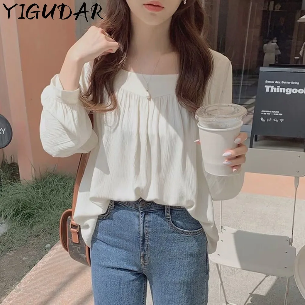 

2024 New Women Tops Square Collar Blouses Clothes Autumn New Long Sleeve Loose Shirt Women Chiffon Shirt Apricot Blouse Women