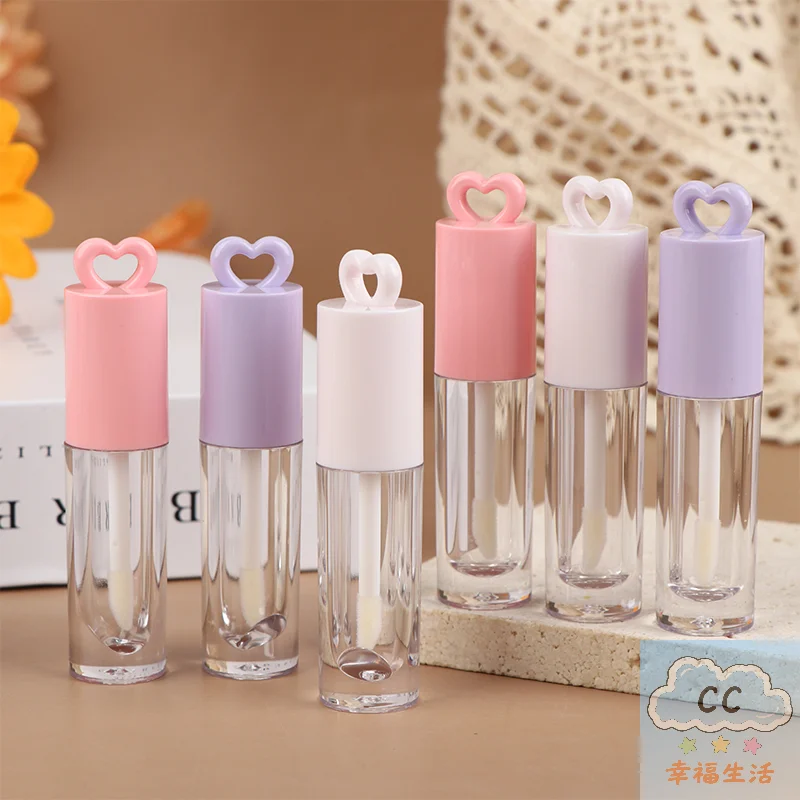 YY Heart-Shaped Lip Gloss Tube 2.5ml, Pink Empty Bottle with Keychain & Brush, Portable Lip Enamel Container for DIY Makeup Tool