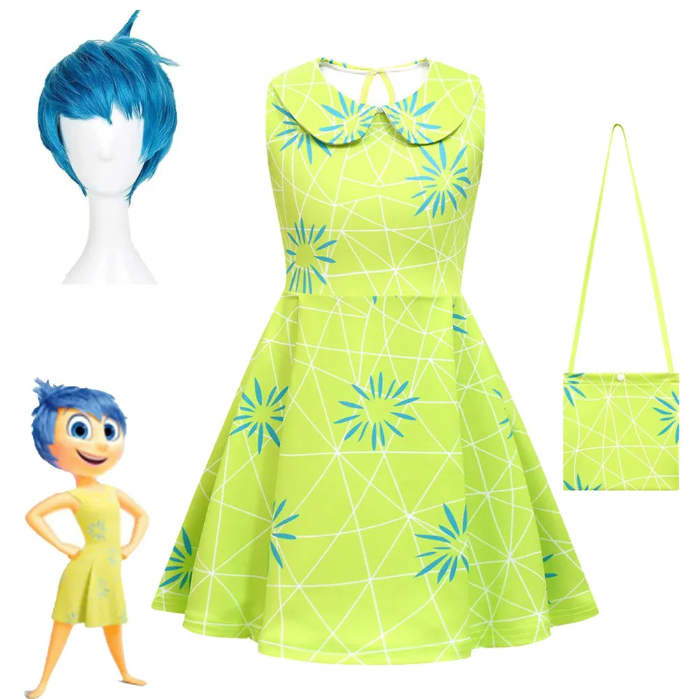 Inside Out Kids Cosplay Costume Girls Princess Dress + Wig + Bag Children Halloween Cartoon  Joy Disgust Cosutme Summer Dress