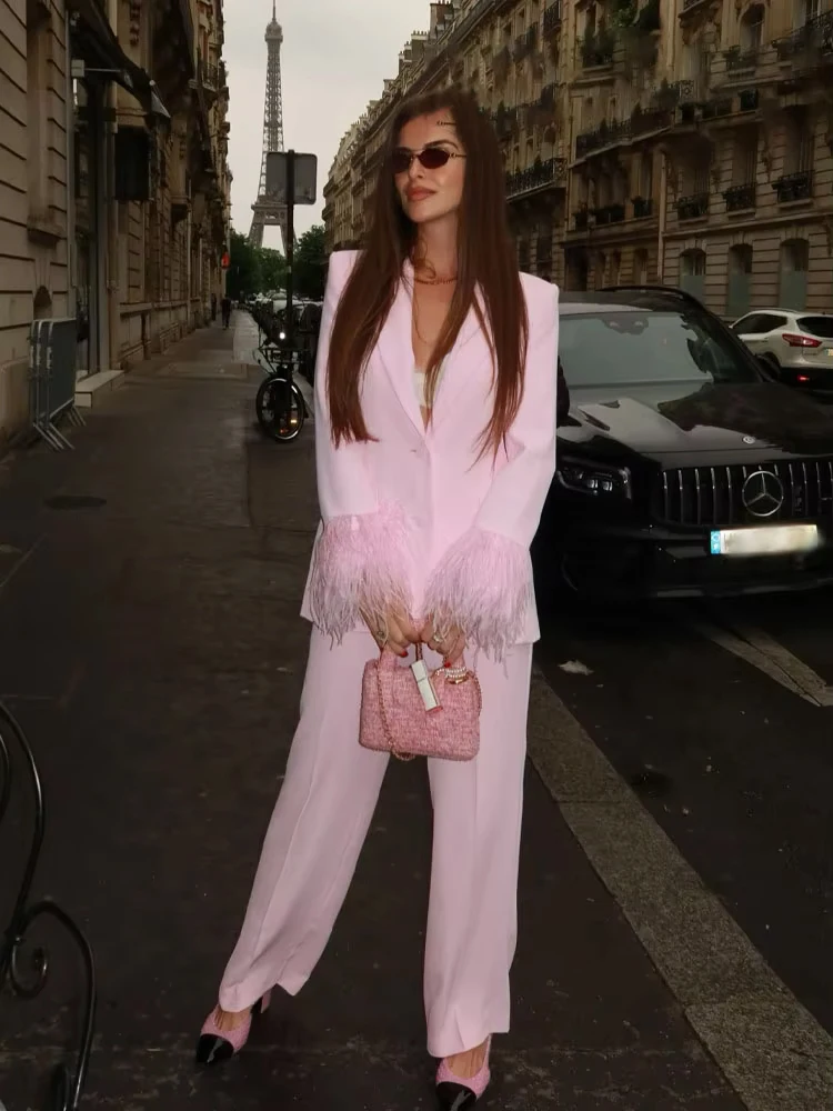 HH Women's Summer New Fashion Feather Pink Pant Suit Lapel Long Sleeve Blazer Coat+High Waist Pocket Commute Casual Trousers