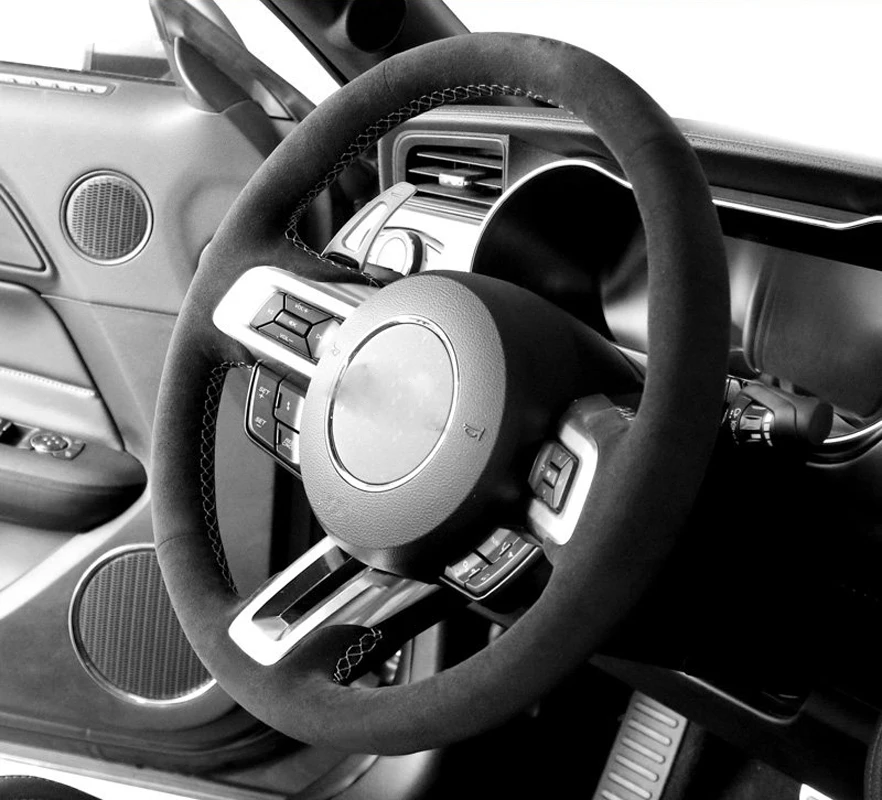 Genuine Leather Gray Thread Steering Wheel Cover Wrap For Alcantera Car Accessoires Specifically for Ford Mustang GT 2015-2021