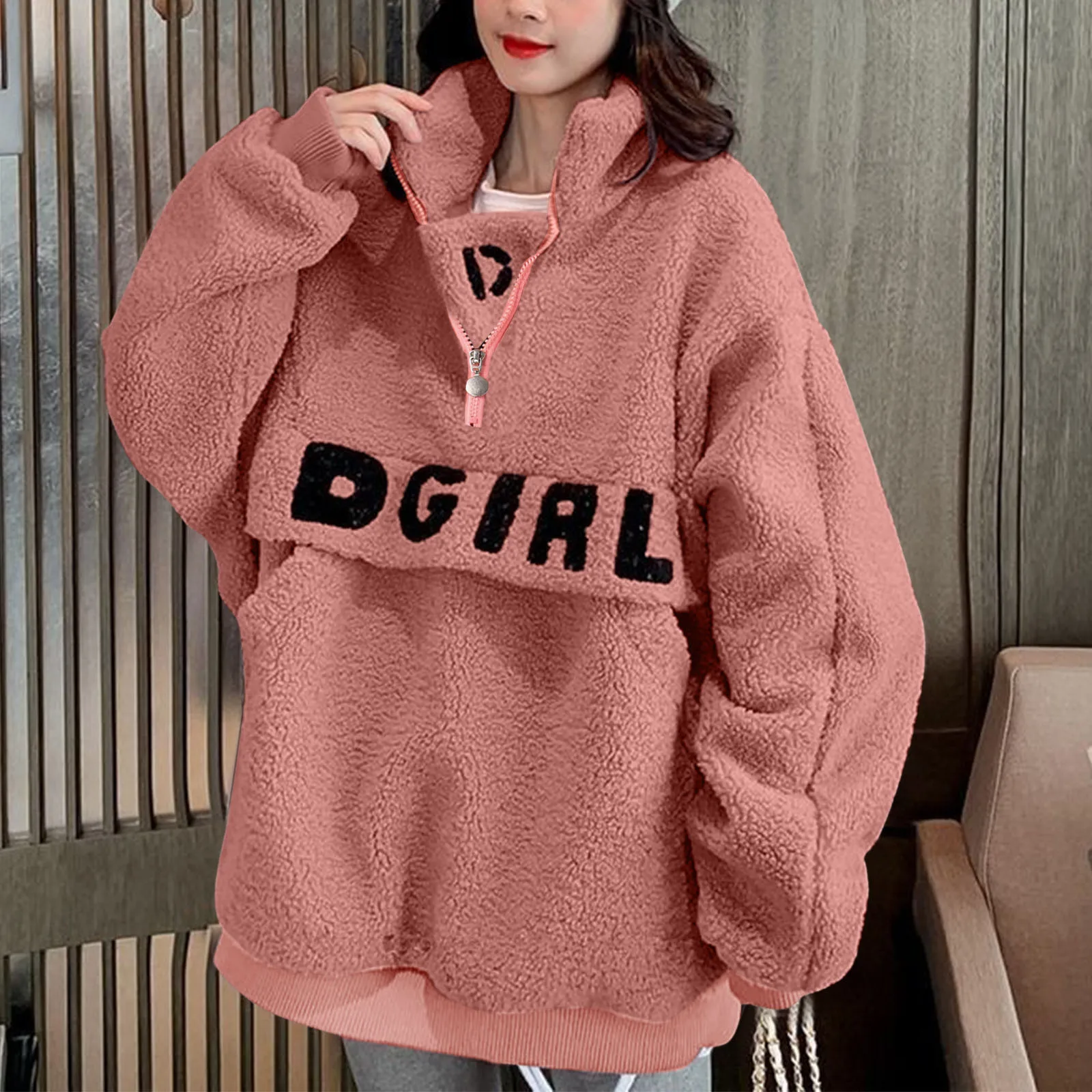 

Women's Autumn And Winter Lamb Fleece Letter Printing Sweatshirts Loose Stand Up Collar Zipper Plush Tops Loose Fashion Hoodies