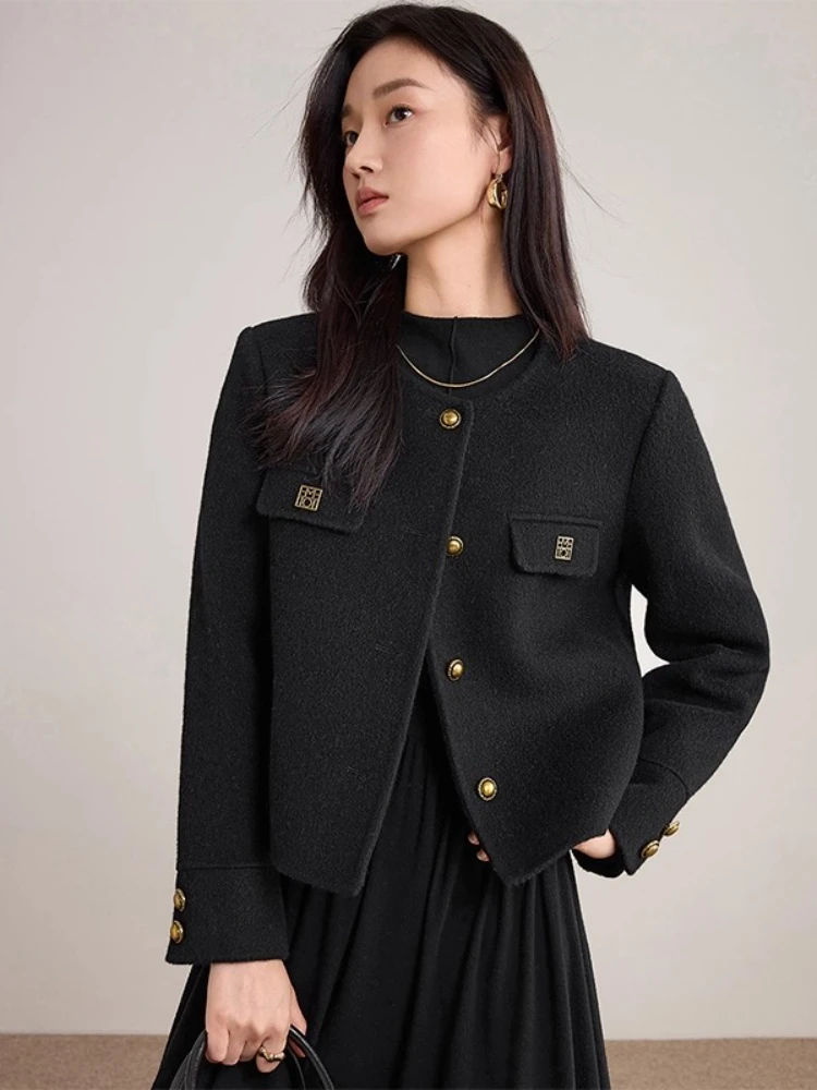 SENTUBILA Women's Wool Coat Round Neck Contrast Trim Double-Faced Wool Coat Metal Buttons Short Coat Women's Clothing W54OF8773
