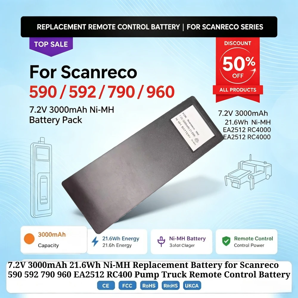 7.2V 3000mAh 21.6Wh Replacement Ni-MH Battery for Scanreco 590 592 790 960 EA2512 RC400 Pump Truck Remote Control Battery