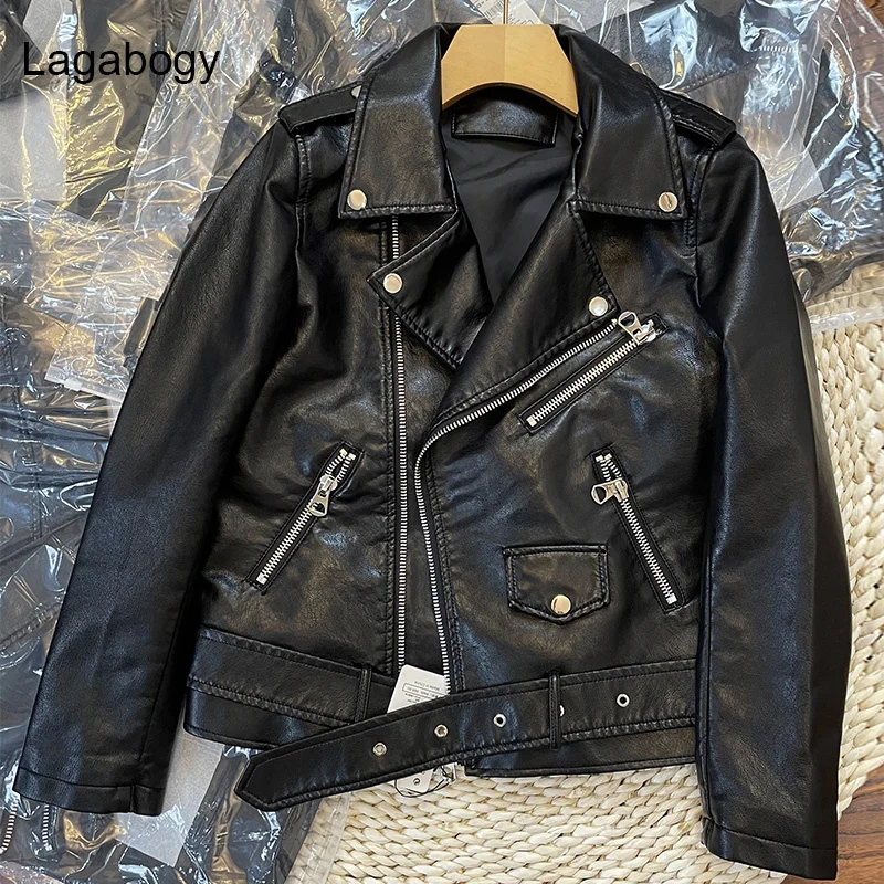 

Quality Women Lagabogy Autumn New Black Top Pu Faux Leather Jacket Streetwear Moto Biker Turn Down Collar Coat Outwear With Belt