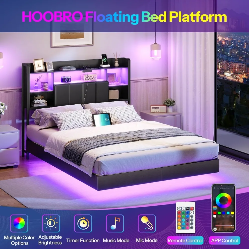 هيكل سرير كامل الحجم مع لوح أمامي، هيكل سرير عائم مع مقبس طاقة وأضواء LED، لوح رأسي مبطن بالكامل #4