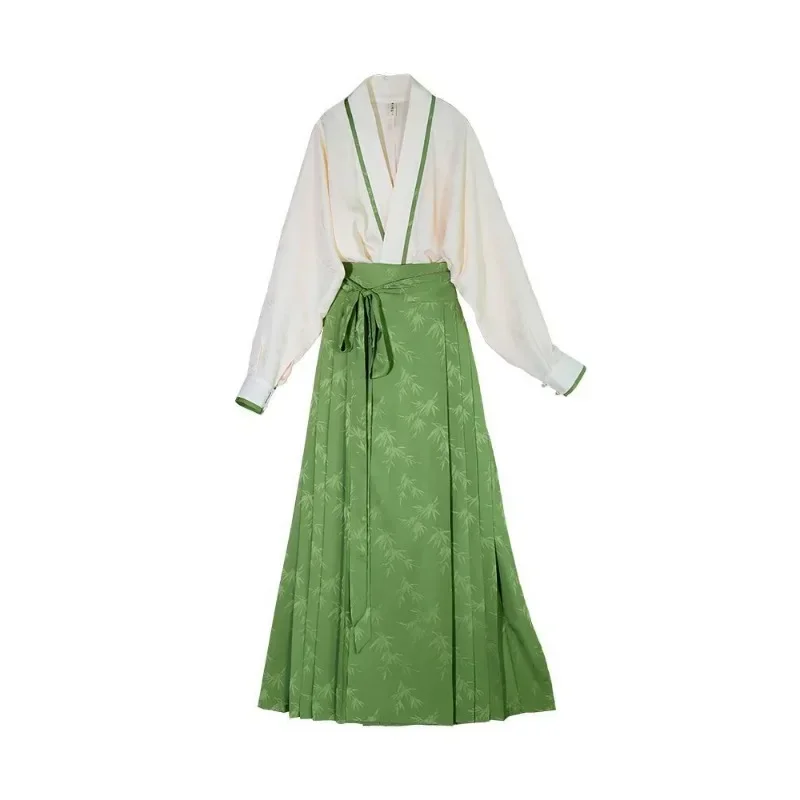 Setelan baju Hanfu Cina tradisional yang ditingkatkan untuk wanita gaun Jacquard Hanfu daun bambu Satin kerah silang elegan musim gugur