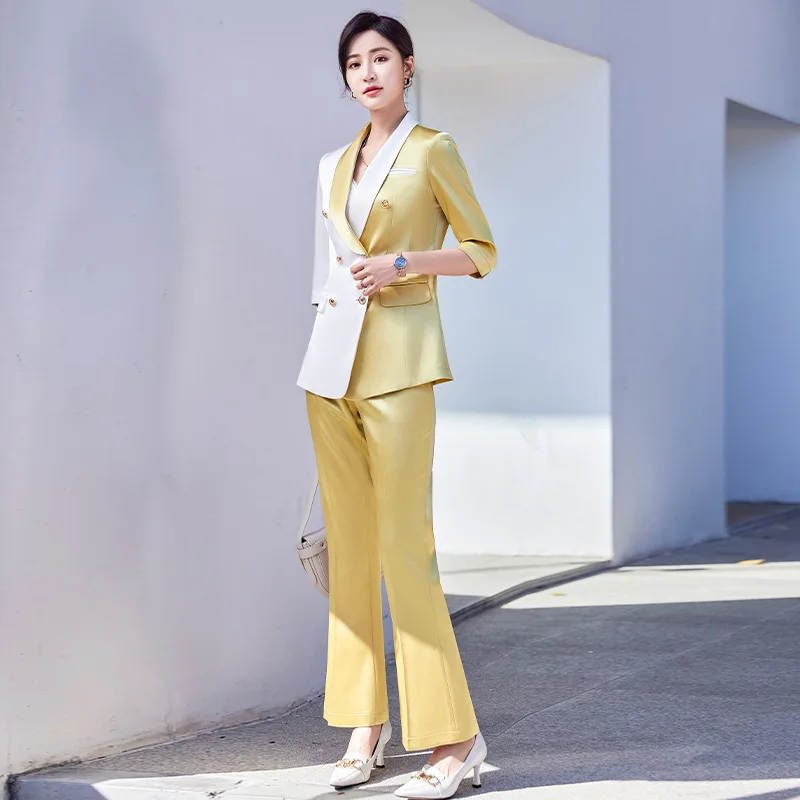 Izicfly novo estilo amarelo verão meia retalhos calças de escritório ternos para as mulheres 2022 negócios ol 2 peça blazer terno trabalho wear