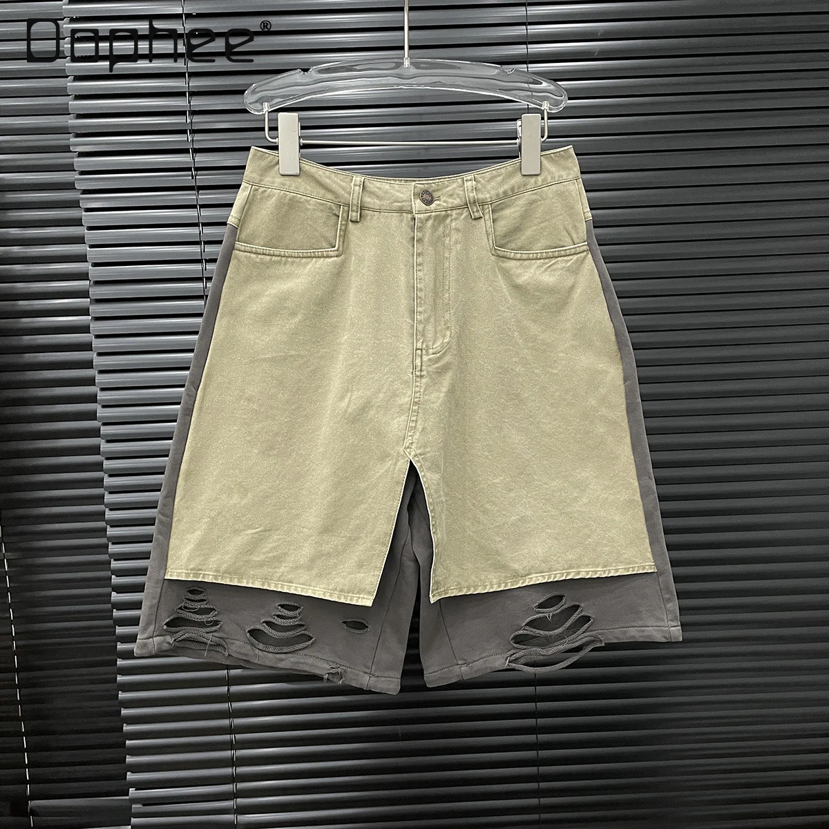 

Street Trend Splicing Fake Two-piece Casual Pants Women Personality Old Ripped Contrasting Five-point Pants Y2K Wide-leg Pants