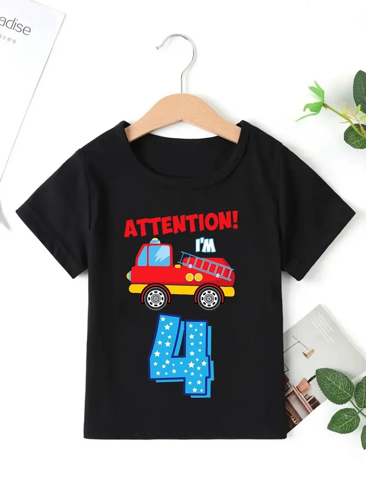 T-shirt à manches courtes pour garçons, vêtements d'été pour enfants, avec imprimé camion de pompiers, pour 3ème et 4ème anniversaire