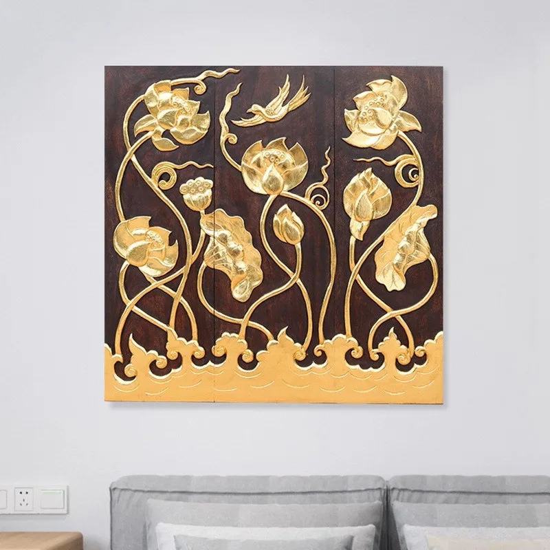 South East Asia style solid wood lotus hanging board relief wall decoration