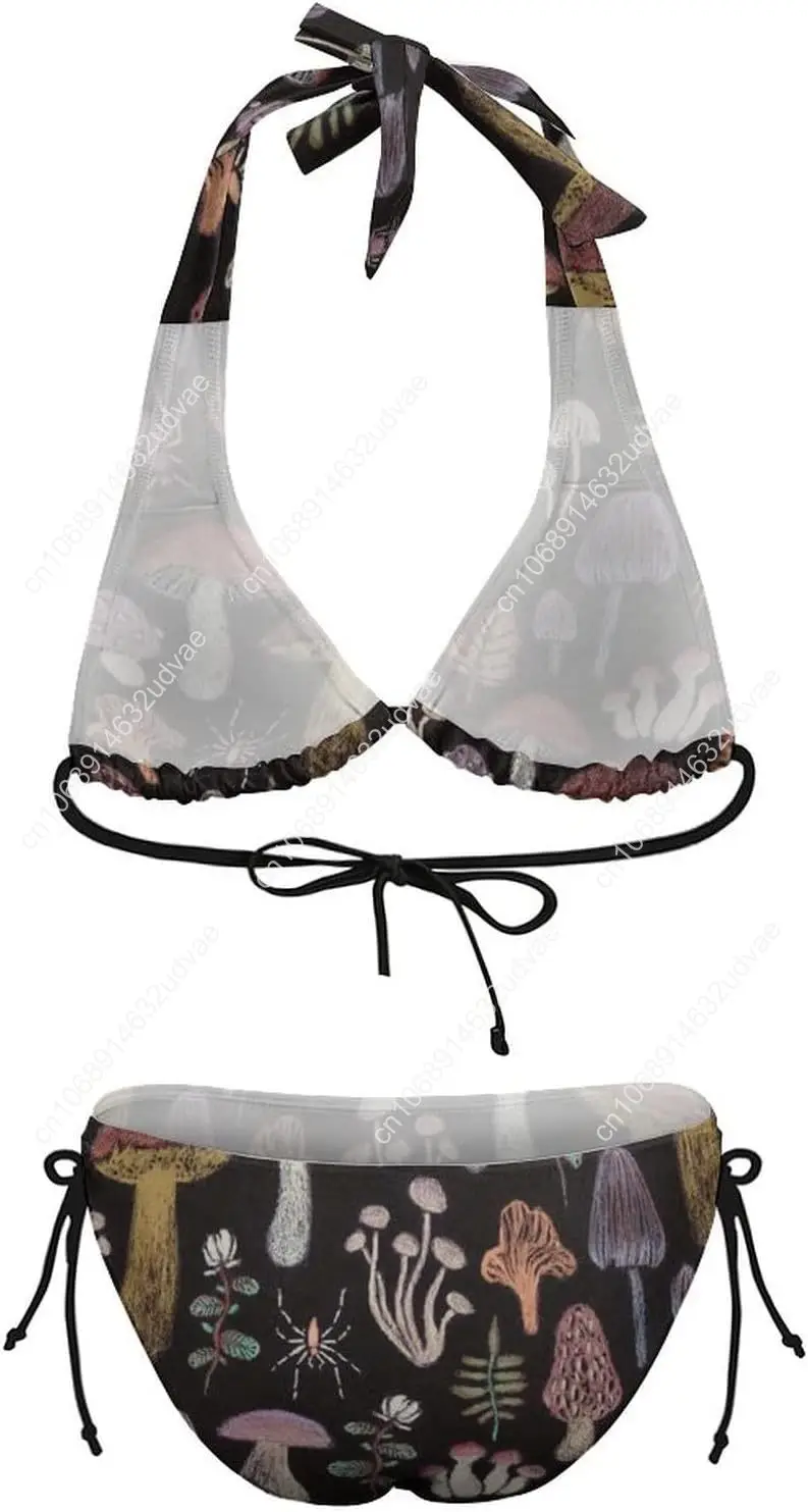 Women Mushroom Print Halter Triangle Tie Side Bikini Set Two Piece Swimsuit
